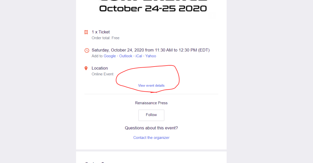 Image of the eventbrite email with a link at the bottom that says View Event Details