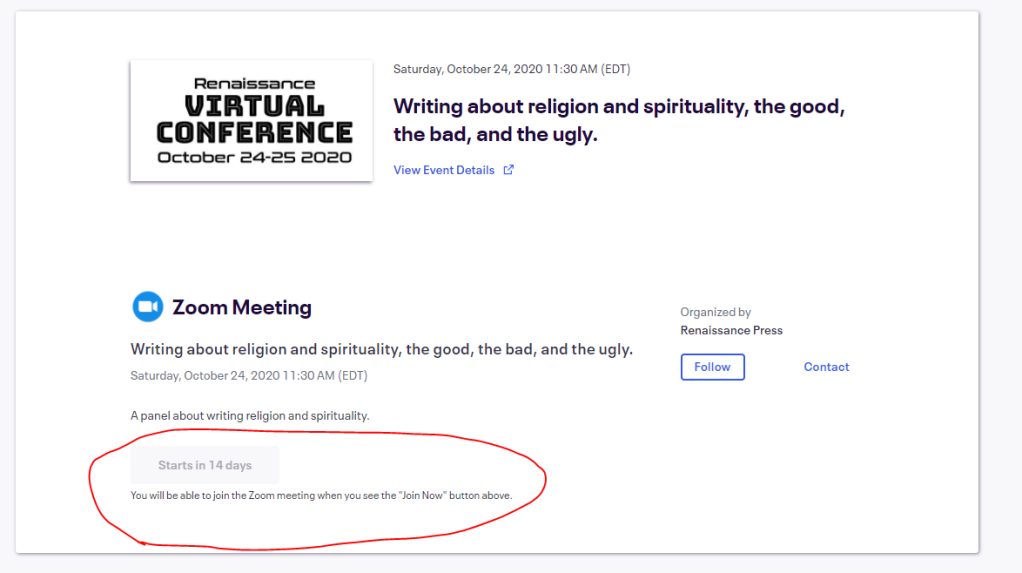 Image of the eventbrite event with a grayed out link that says "You will be able to join the Zoom meeting when you see the "Join now" button above.