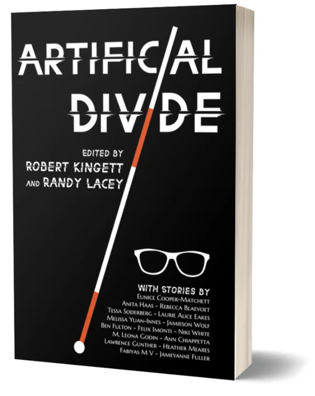 Book cover image: Black background with a red and white DeafBlind cane forming the last letter I in Alternative Divide
