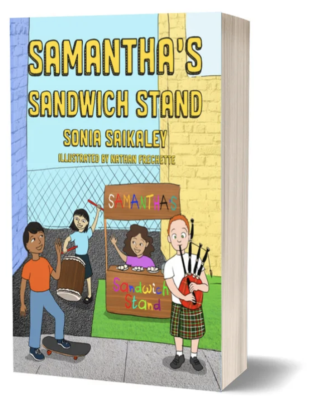 Book cover image: A sunny day. Four children from diverse cultures gather around Samantha's sandwich stand.